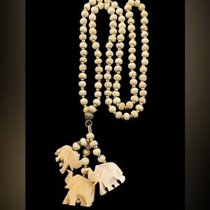 Vintage Carved Bone Cream Beaded Necklace with 3 Elephant Pendants Good Luck